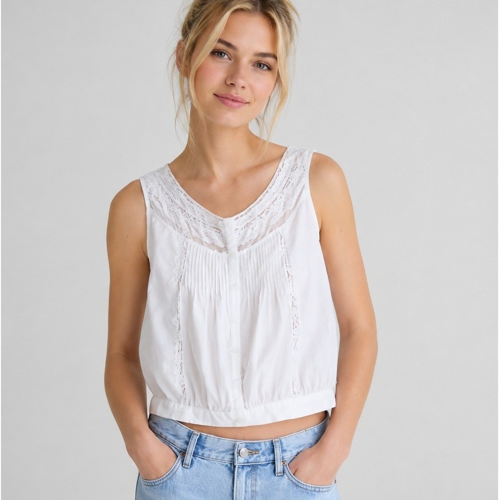 Madewell Top Womens Size Medium White Lace Pintuck Pleated Voile Blouse NWT